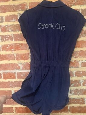 Urban Outfitters Corduroy Romper Embroidered Navy Blue ‘Knock Out' Jumpsuit